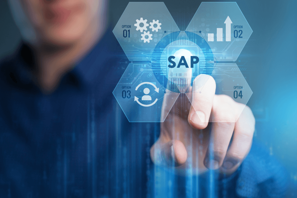 Person interacting with a virtual SAP dashboard featuring business process icons.