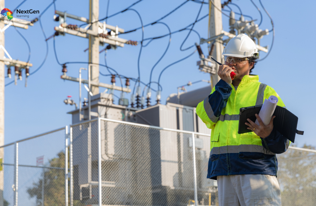 Engineer with Safety Gear at Substation