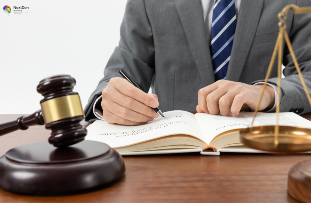 Lawyer Writing with Gavel and Scales