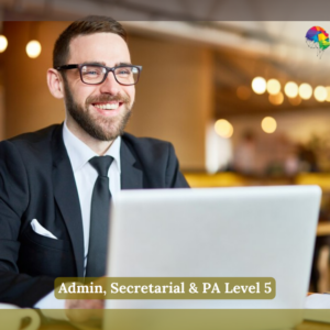 A smiling professional man wearing glasses, a black suit, and a tie sits at a table with a laptop in a warmly lit café-like environment. The logo of "NextGen Learning" is visible in the top-right corner, and a text overlay at the bottom reads "Admin, Secretarial & PA Level 5".