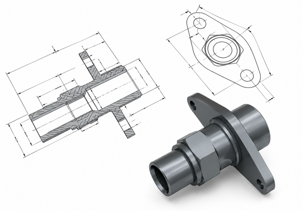 3D mechanical component with technical CAD drawings on a clean white background