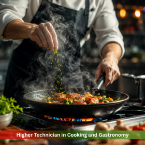 Professional chef preparing gourmet food in a modern kitchen for the Higher Technician in Cooking and Gastronomy online course