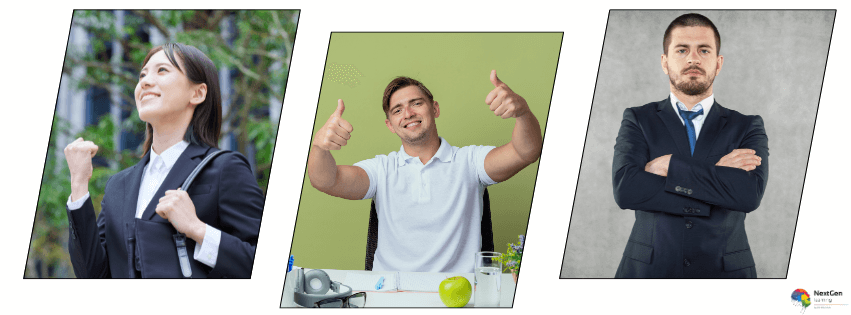 Professionals displaying positive body language and confidence, representing self confidence and self esteem development through confidence building courses.