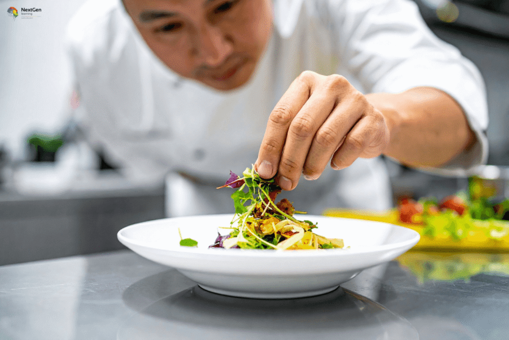 Infographic showing cooking and gastronomy, highlighting the artistry of chefs in food preparation, plating, and presentation, alongside the science of gastronomy that explores flavors, techniques, and cultural practices in culinary traditions.