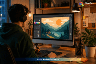 Student learning Basic Adobe Illustrator on a desktop computer while creating digital landscape artwork in a modern creative workspace