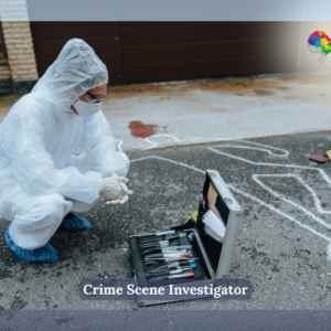 A crime scene investigator in full protective gear examines evidence at a crime scene marked with chalk outline of a body. The investigator is crouched near an open briefcase of tools, with the NextGen Learning logo in the corner.