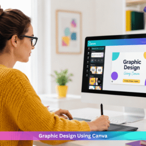 Student creating professional graphic design projects using Canva on a desktop computer during an online graphic design course.