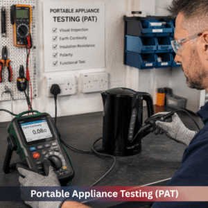 Portable Appliance Testing (PAT) technician performing electrical safety testing on a kettle using a PAT tester to check earth continuity and appliance compliance in a workplace environment.