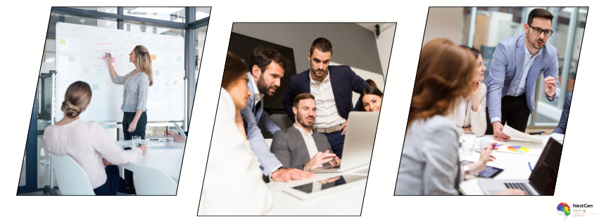 Team collaborating during Project Management Training session—professionals discussing strategies, planning on whiteboards, and analysing reports to enhance project success.