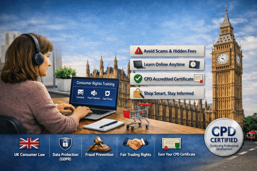Young man studying CPD-accredited consumer rights course online with UK law, GDPR, and fraud protection icons; Big Ben in background and certificate preview shown.
