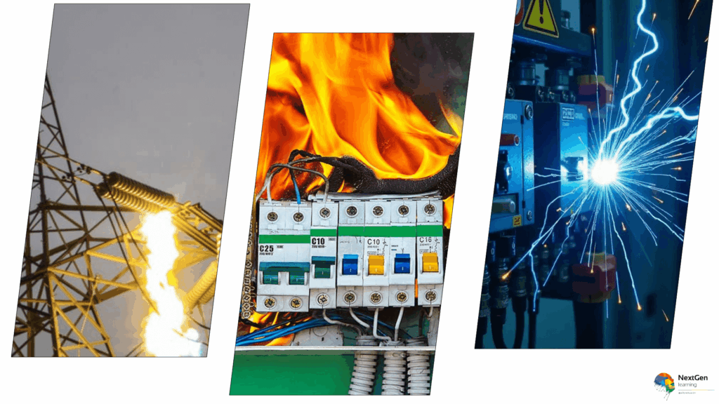An engineer performing hv short circuit analysis on a three-phase high-voltage system using simulation software and testing instruments for hv short circuit fault evaluation in a UK power network.
