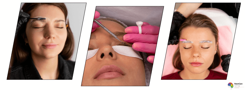 Eyebrow lamination and lash lift procedure close-up treatment steps