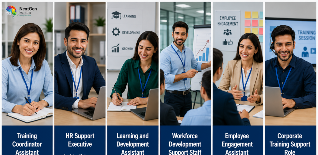 Infographic showing employee training and development career roles in HR, workplace learning, and staff support
