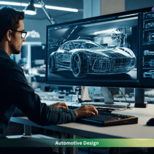 Automotive design engineer creating 3D car model using CAD software on computer in a modern design studio