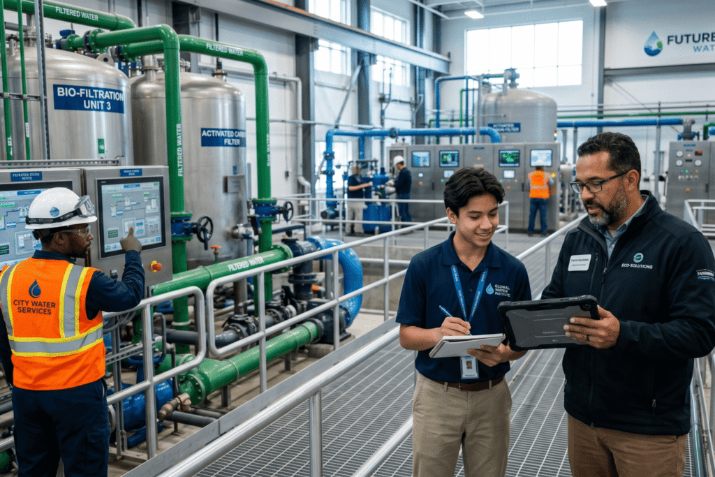 Educational course visual showing modern water treatment facility with bio‑filtration, activated carbon filters, and professionals collaborating on clean water solutions