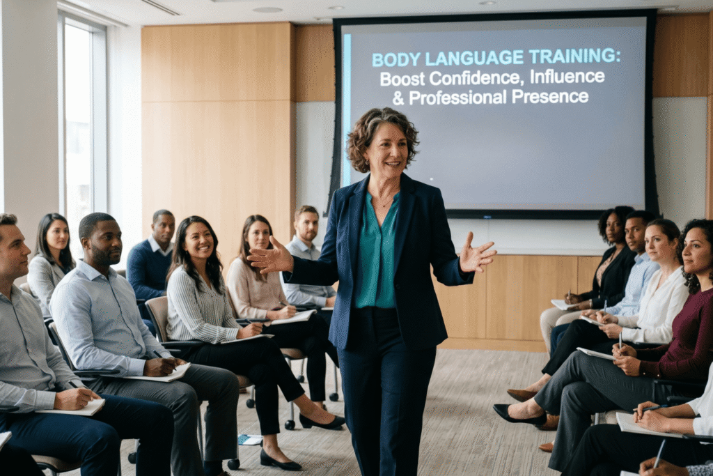 Educational course visual showing professional training session on body language to enhance confidence, influence, and career presence in corporate settings