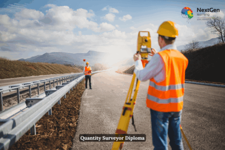 Two professionals using surveying equipment on a newly constructed road as part of a Quantity Surveyor Course.