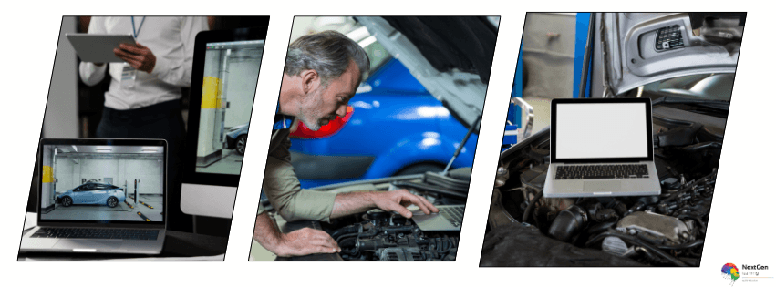 Automotive engineer using onboard diagnostics systems and vehicle diagnostic tools in modern car workshop