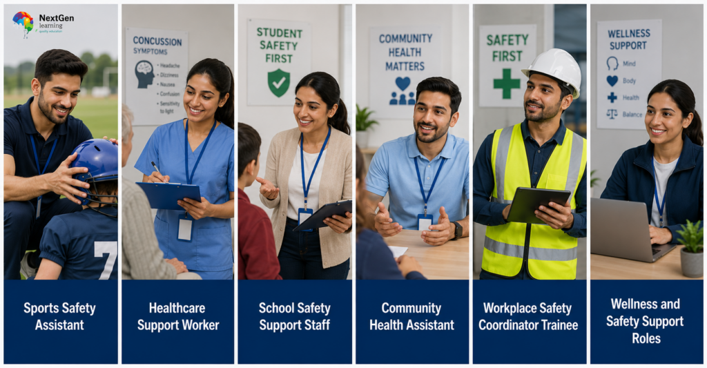Infographic showing concussion management career roles in sports safety, healthcare support, and wellness environments
