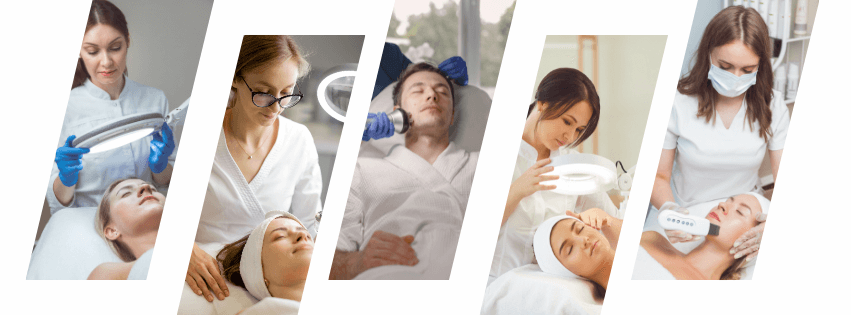 A series of images showcasing professional skincare treatments, including facial therapies and dermatological procedures. These images represent the essence of a Dermatology course and Skincare course with practical applications.