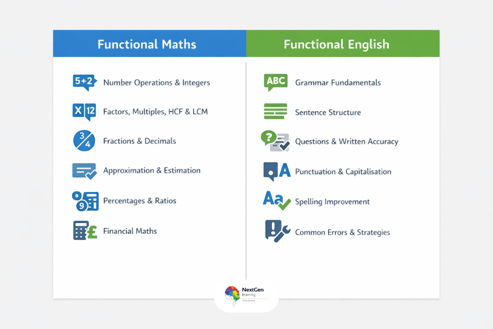 Functional Skills Level 2 curriculum showing Functional Maths and Functional English topics side by side