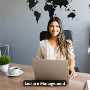 A smiling student working on a laptop, representing professional learning and career growth through the Leisure Management Course.