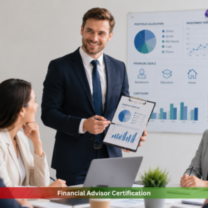 Professional financial advisor presenting investment and portfolio analysis during a business meeting for Level 4 Financial Advisor Certification online course
