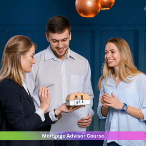 Professional mortgage advisor discussing home financing options with a young couple while presenting a house model during a mortgage consultation in a modern office setting.