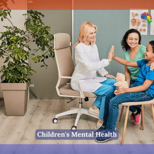 Children's Mental Health - Kids psychologist works with African American family in a doctor's office. Children's mental health