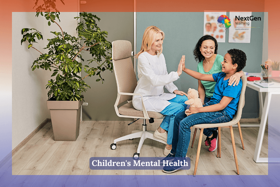 Children's Mental Health - Kids psychologist works with African American family in a doctor's office. Children's mental health