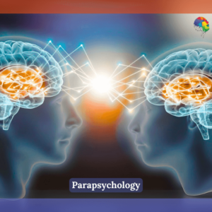 Illustration of two human brains facing each other with neural connections and energy beams, symbolising telepathy and parapsychological communication.