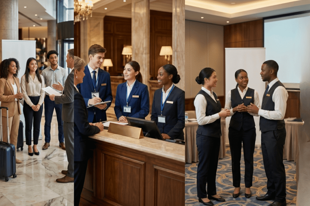 Collage of hospitality concierge scenes showing reception assistance, front desk operations, staff training, and guest interaction in elegant hotel environment