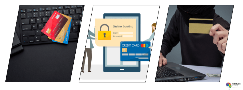 Online banking fraud awareness image showing credit cards, cyber security risks, and financial fraud protection concepts