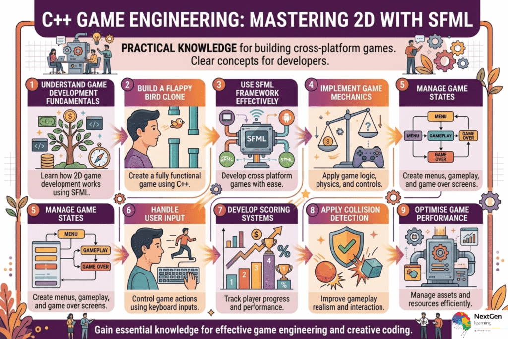 Infographic showing SFML C++ game development steps including Flappy Bird clone, mechanics, and performance optimisation