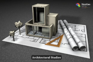 3D model of a modern building on blueprints with drafting tools, symbolising how learners study architecture.