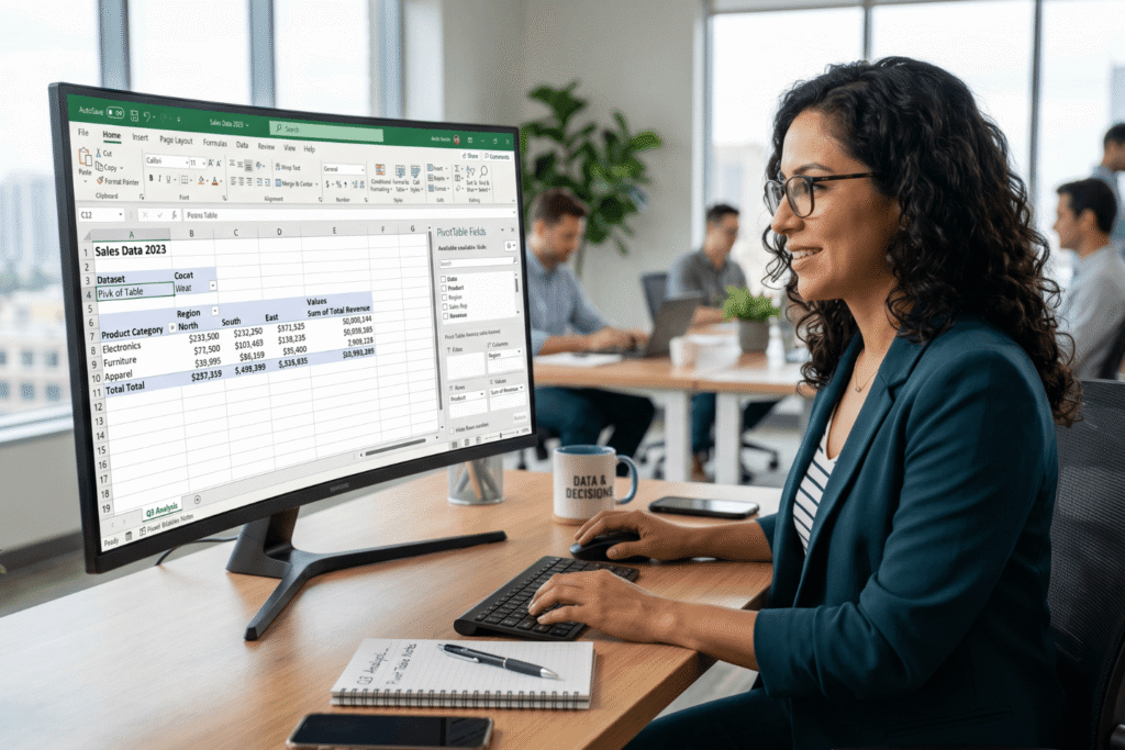 Educational course visual showing analyst working on Excel pivot table summarizing sales revenue by product category and region for decision making