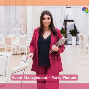 A professional woman in a burgundy blazer and black top holds a tablet, standing confidently in an elegantly decorated event space with white draped curtains and classic white furniture, representing a party planner in an event management context.