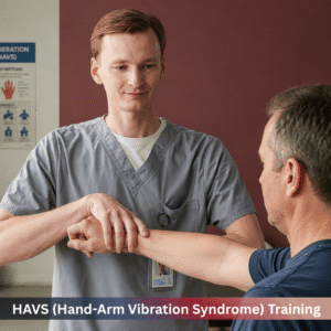 Healthcare professional demonstrating an arm assessment for Hand-Arm Vibration Syndrome (HAVS) awareness and workplace health monitoring during HAVS training.