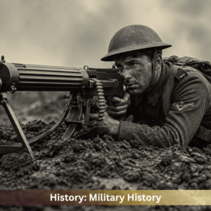 World War soldier operating a machine gun on the battlefield, representing military history, warfare, and British military strategy.