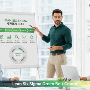 Lean Six Sigma Green Belt instructor presenting the DMAIC methodology during a business process improvement training session with professionals in a modern office environment.