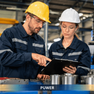 PUWER inspection of industrial machinery by engineers wearing PPE to ensure workplace equipment safety and legal compliance under PUWER regulations.