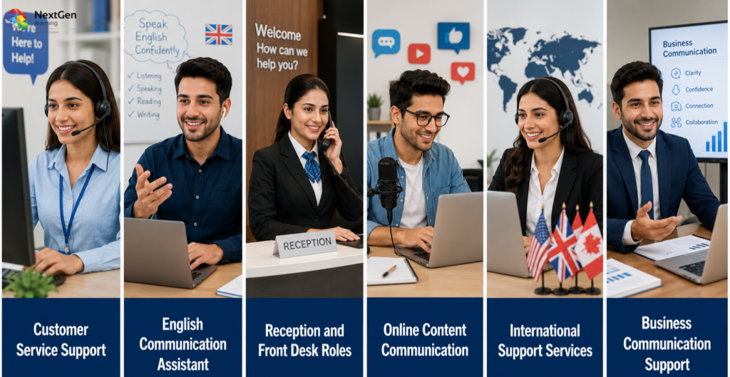 Infographic showing communication and customer support career roles in professional office environments