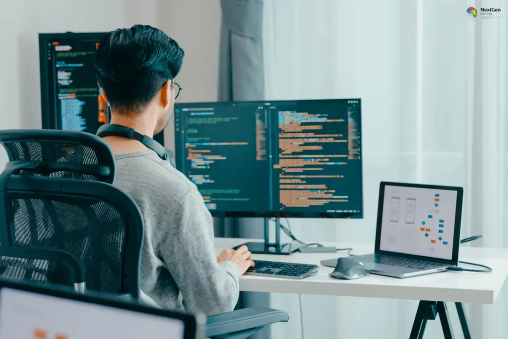 Infographic showing Python Programming Bible course, highlighting networking, GUI development, email handling, XML parsing, and CGI scripting with SFML C++ integration for complete coding mastery.