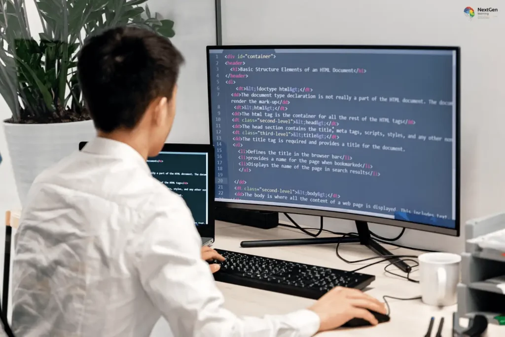 Infographic showing HTML web development crash course, highlighting document structure, tags, elements, head and body sections, and coding essentials for building modern websites.