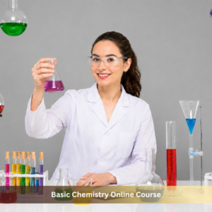 Basic Chemistry Online Course featuring a chemistry student conducting a laboratory experiment with colourful chemical solutions, glassware, test tubes, and scientific equipment in a modern chemistry lab.