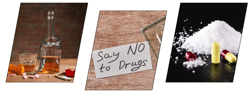 Drugs and Alcohol Awareness image showing alcohol bottle, pills, powder, and a note saying Say No to Drugs