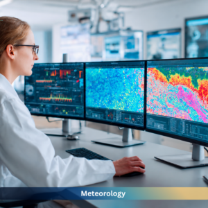Scientist analysing advanced weather data on multiple digital screens during a meteorology course and climate forecasting training session