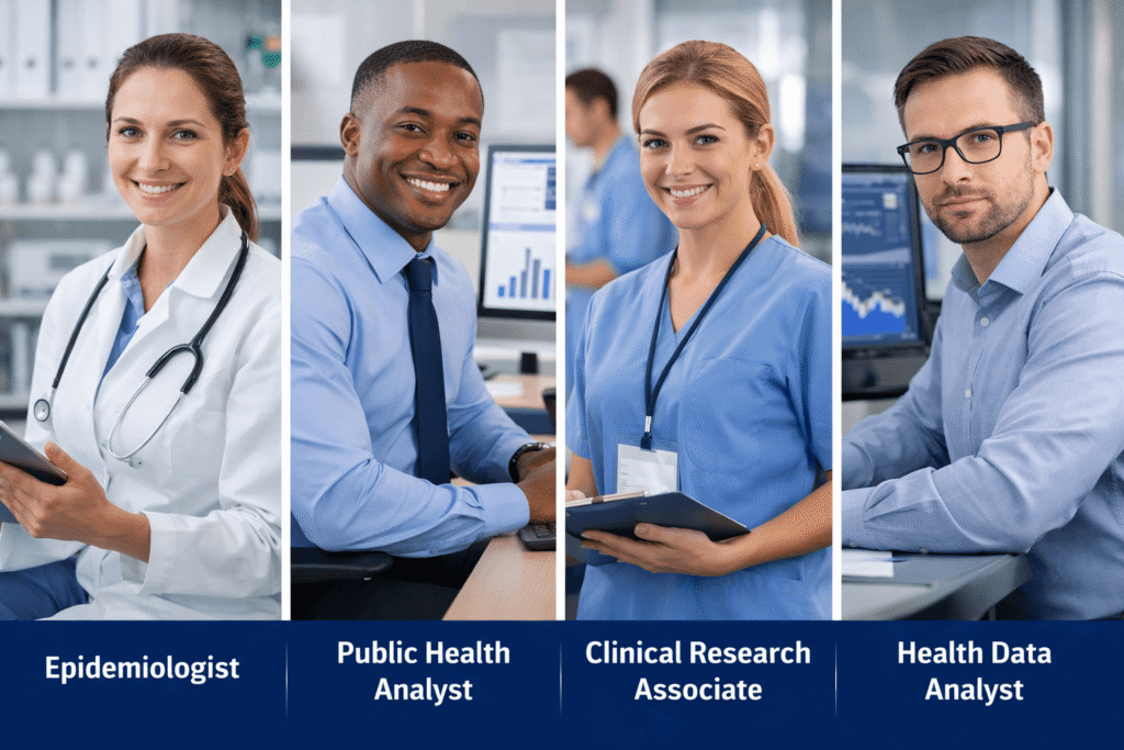 Epidemiology careers including epidemiologist, public health analyst, clinical research associate and health data analyst
