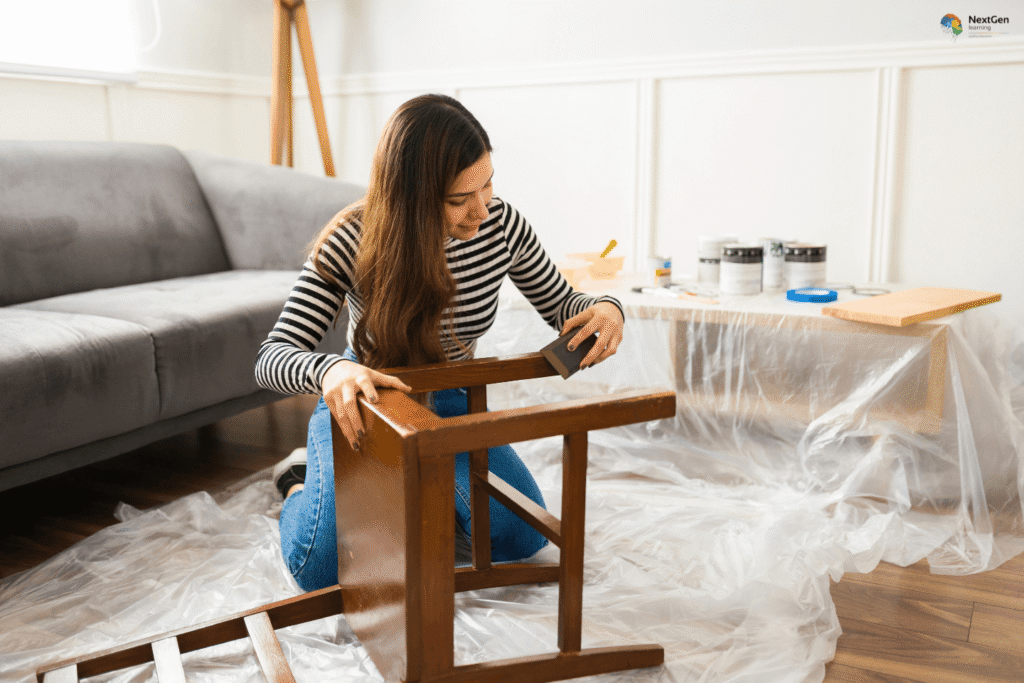 Infographic showing furniture restoration and styling, highlighting sanding, painting, creative refinishing, and DIY craftsmanship to transform old furniture into modern, stylish pieces for home improvement.