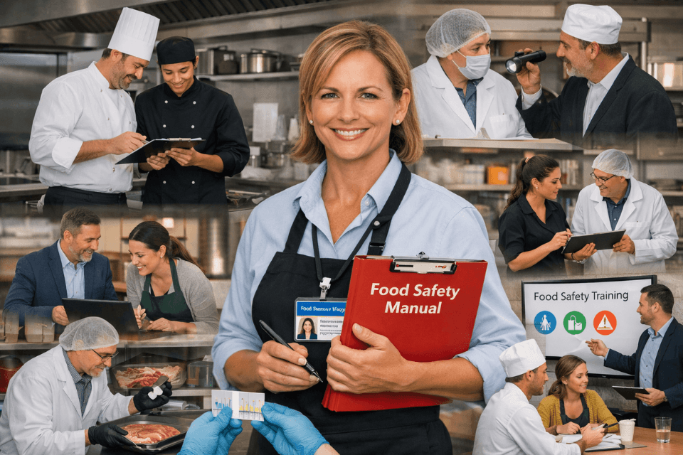 A certified food safety manager stands in a professional kitchen holding a red safety manual, surrounded by chefs, inspectors, hospitality staff, and trainees engaged in hygiene checks, temperature monitoring, and compliance training—illustrating advanced food safety supervision in UK catering environments.
